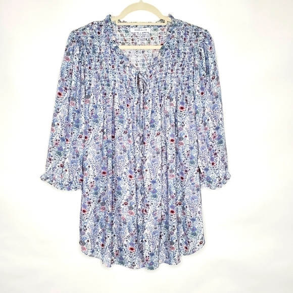 Rose + Olive Smocked Floral Top Size 1X Tie Neck Button Front Peasant Blouse - Picture 10 of 10